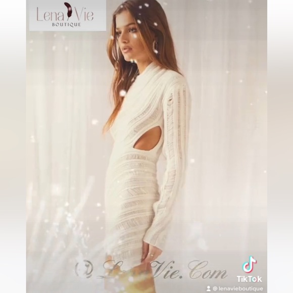 Powder Line Knit Long Sleeve Faux Wrap Cutout Sweater Mini Dress, High Neckline - Picture 6 of 8